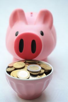 Pink piggy bank with a bowl of coins