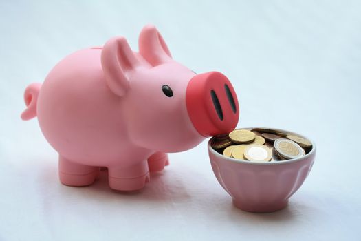 Pink piggy bank with a bowl of coins