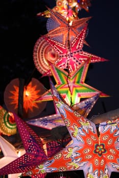 Beautiful colorful lanterns of various shapes lit on the occasion of Diwali / Christmas festival in India.