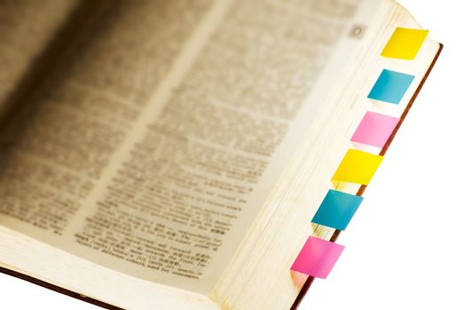 Here are a lot of tags on book pages with white background.