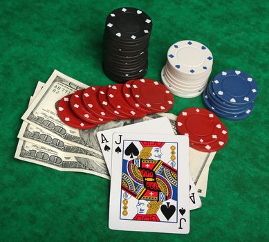 A winning blackjack hand with gambling chips