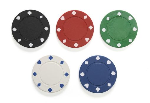 Various gambling chips isolated on white, with clipping path