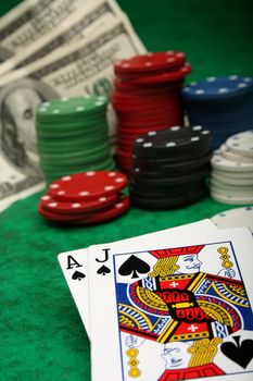 A winning blackjack hand with gambling chips