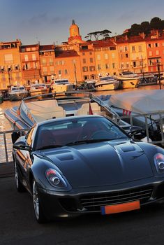 the nice sporting car in front of the houses of saint tropez