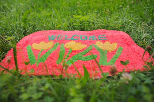 Photo of a welcome mat in front of a green meadow