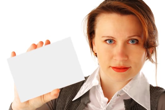 Young woman holding a blank card