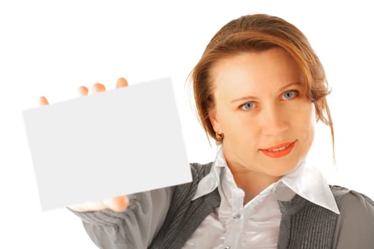 Young woman holding a blank card