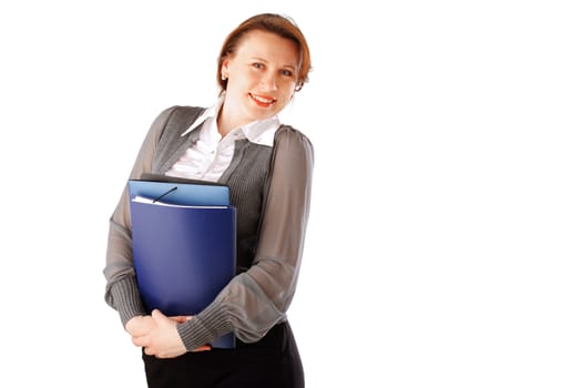 Attractive young business woman holding files, smiling, isolated over white background