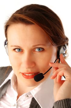 Closeup portrait of a young woman with headset, isolated over white background