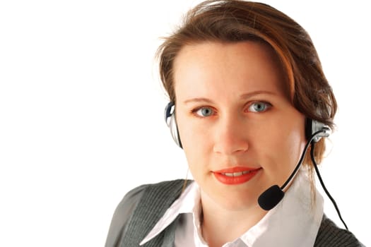 Closeup portrait of a young business woman with headset, isolated over white background