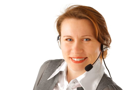 Smiling attractive business woman with headset, isolated over white background