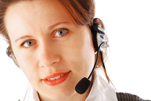 Closeup portrait of a young business woman with headset, isolated over white background