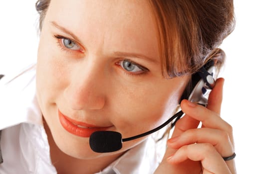 Closeup portrait of a young business woman with headset, isolated over white background