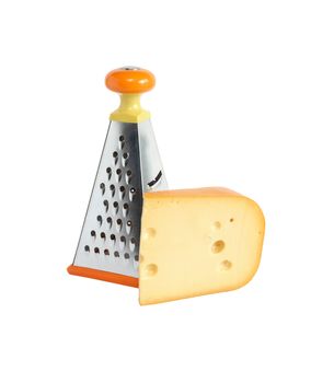 Piece of cheese near grater on white background. Isolated with clipping path