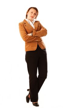 Full length portrait of a young successful woman with her hands folded, isolated over white background