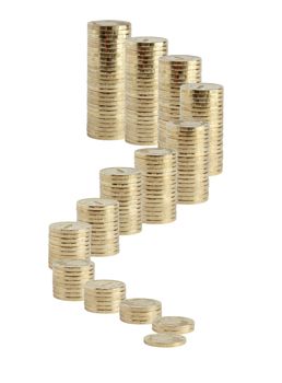 Business concept. Many coins columns from small to big standing on white background as staircase