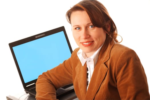 Smiling woman with her laptop, isolated over white background