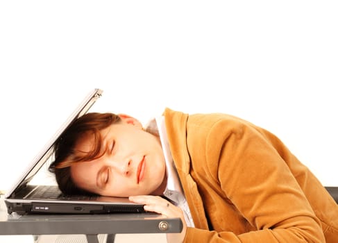 Young business woman sleeping on her laptop, isolated over white background  