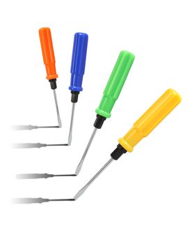 Few screwdrivers with color plastic handles standing in a row on white background. Clipping path is included