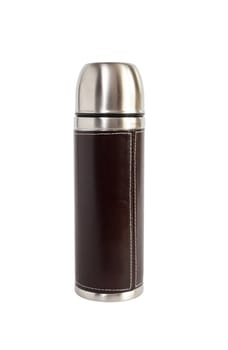 Modern steel thermos with leather armour. Isolated on white with clipping path
