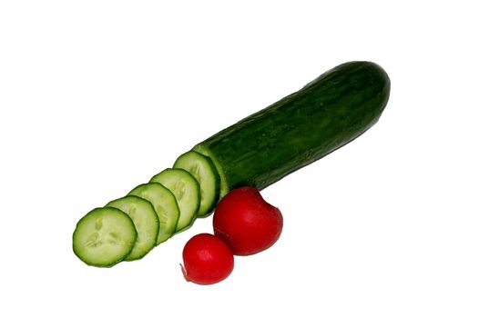 green cocumber with two radish isolated on the white background