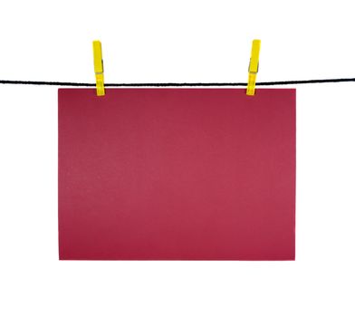 red blank sheet on clothes-line for your notice, isolated on white