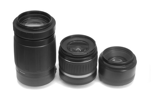 three black lenses for camera, isolated on white