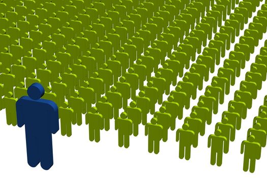 A concept image of workers. A blue leader in front of a green crowd.