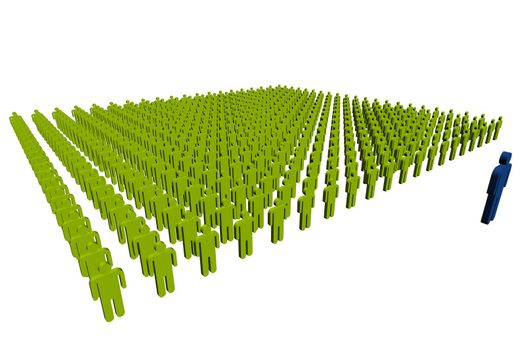 A concept image of workers. A blue leader in front of a green crowd.