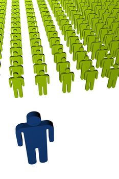 A concept image of workers. A blue leader in front of a green crowd.