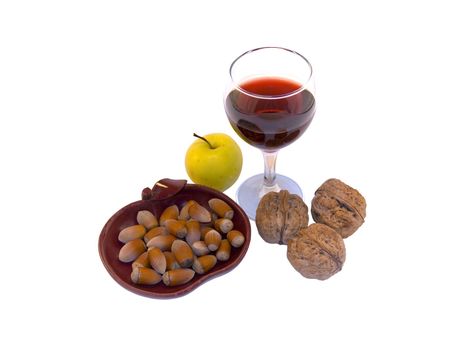 glass of wine and fruits isolated on white background