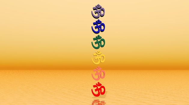 Colored aum / om in chakra column in orange background of sea and sky