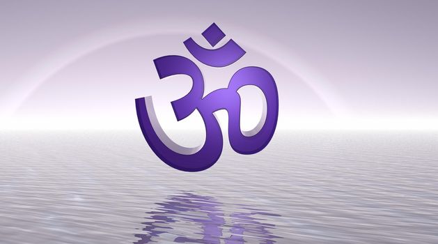 Violet aum / om upon the sea and with a rainbow behind