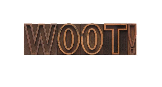 the word woot in old, ink-stained outline type