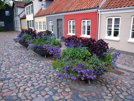 Old classical street with beautiful flower pots Odense Denmark