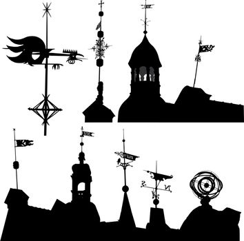 Set of silhouettes of weather vanes and turrets