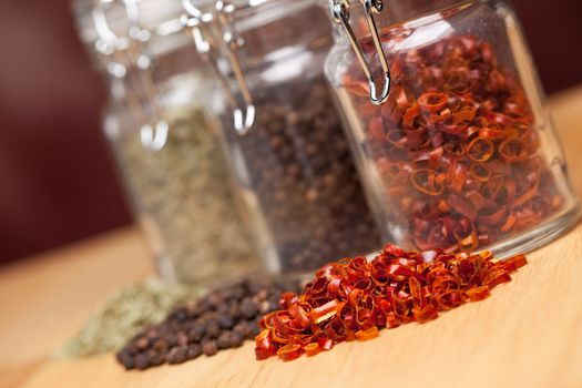 Glass Bottles of Various Cooking Spices
