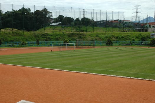 soccer field with nice green grass and blue sky
