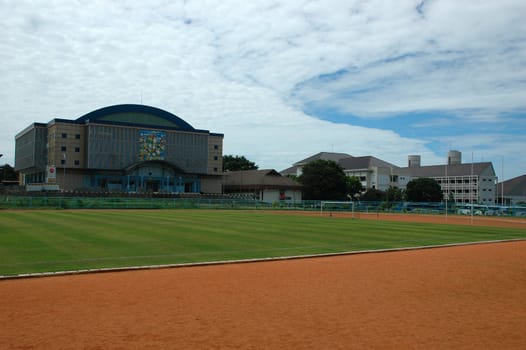 soccer field with nice green grass and blue sky