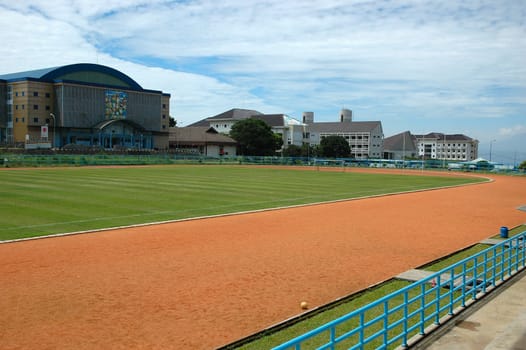 soccer field with nice green grass and blue sky