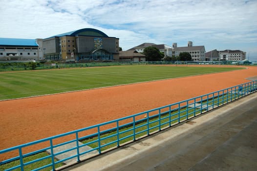 soccer field with nice green grass and blue sky