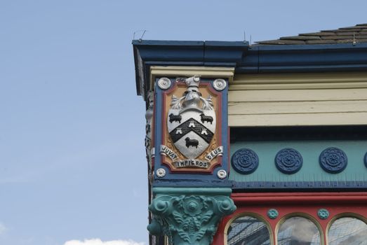 The Coat of Arms of Huddersfield Yorkshire on the ornate cast iron facade of a market hall