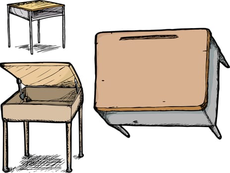 Three different school desk hand drawings over white