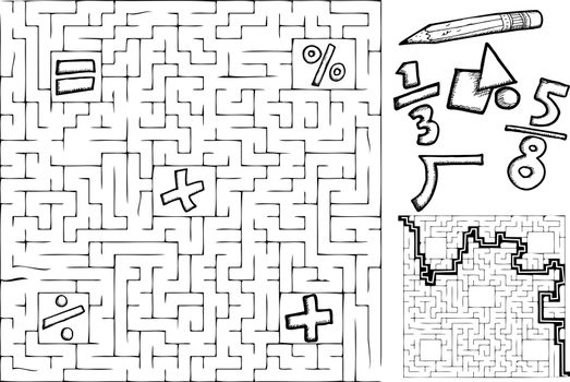 Coloring page math maze with interchangeable symbols with solution