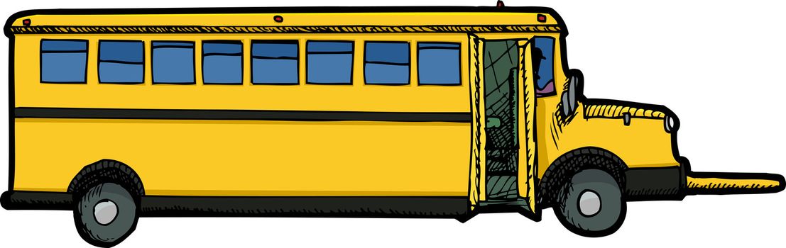 Long school bus with open door and crossing arm