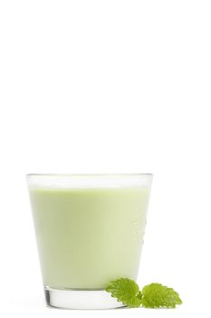 milkshake with melissa aside on white background