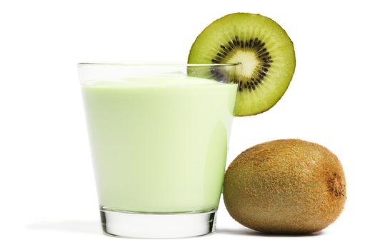milkshake with a blade of kiwi and kiwifruit aside on white background