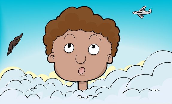 Young person with head in the clouds with plane and bird