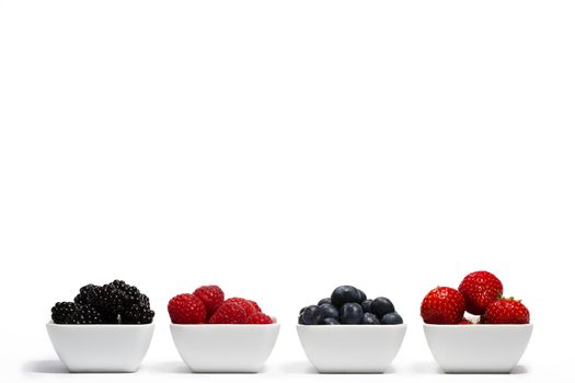 row of wild berries in bowls on white background