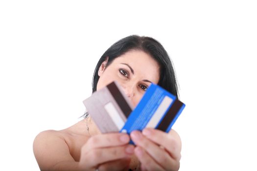 credit cards in a hand of the woman, focus on woman